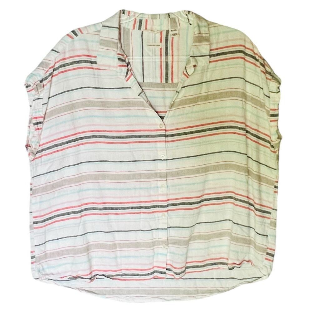 Womens Coastal Boxy Fit Linen Top Size XL Button Beach Cottagecore Retro Preppy